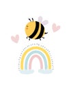 Cartoon bee, rainbow. flat style, colorful vector illuatration for kids.